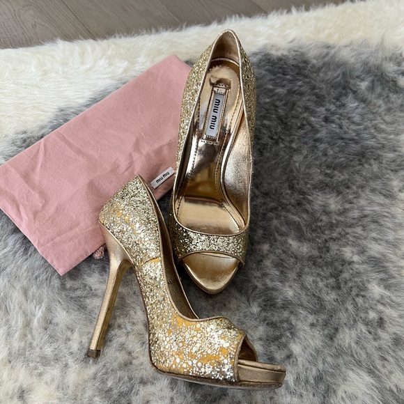 Authentic Miu Miu Gold Glitter Open-Toe Heels – Size 6.5 - Picture 9 of 16